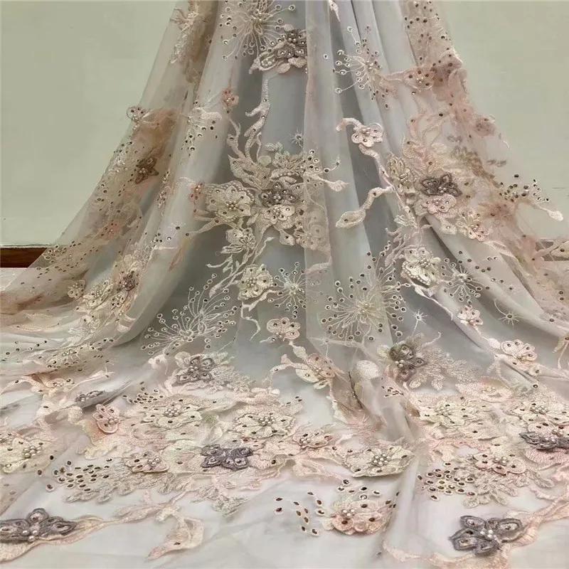 

2018 New Arrival 3D Flower Embroidered African lace fabric For Wedding Dress With Beads French Mesh Lace Fabric HX1049-2