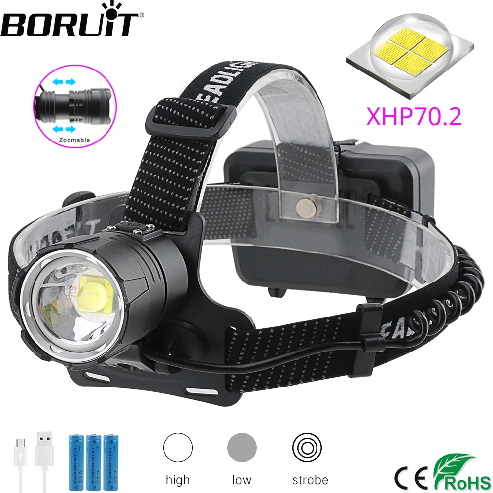 En Ligne BORUiT XHP70.2 LED phare 3 Mode Zoom phare 5000LM haute puissance lampe de poche 18650 Rechargeable Camping chasse tête torche