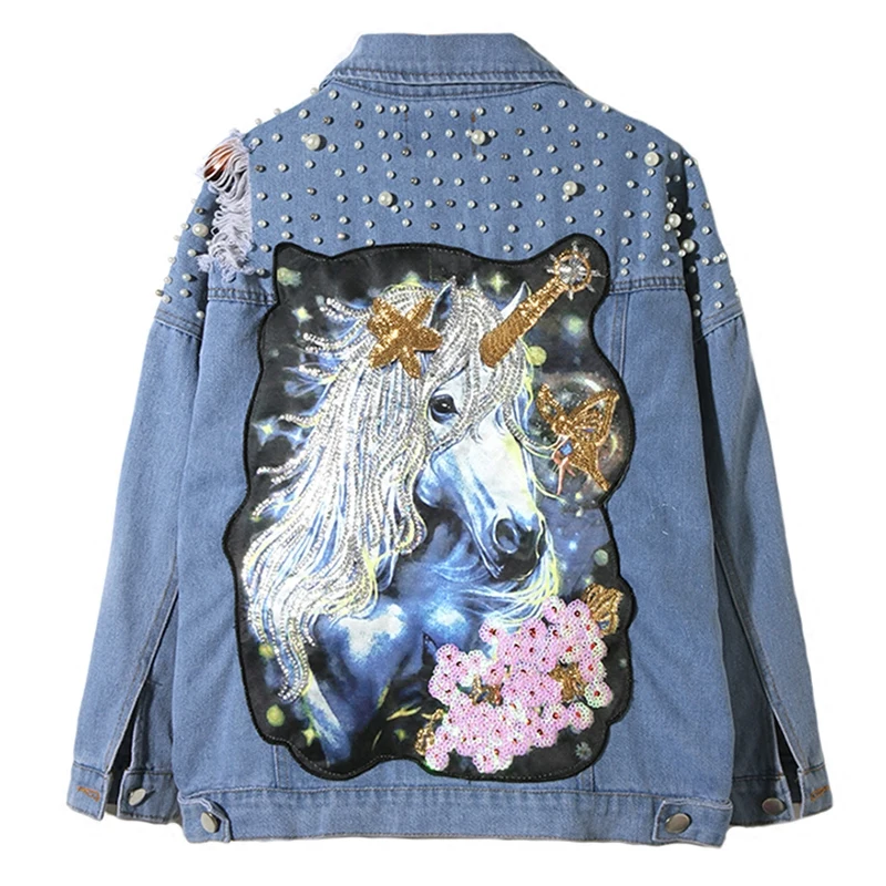 LYFZOUS Pearl Dotted Unicorn Patch Denim Jacket Women Tearing Hole Sequin Lapel Long Sleeve Jean Coat Autumn Blue Denim Jackets