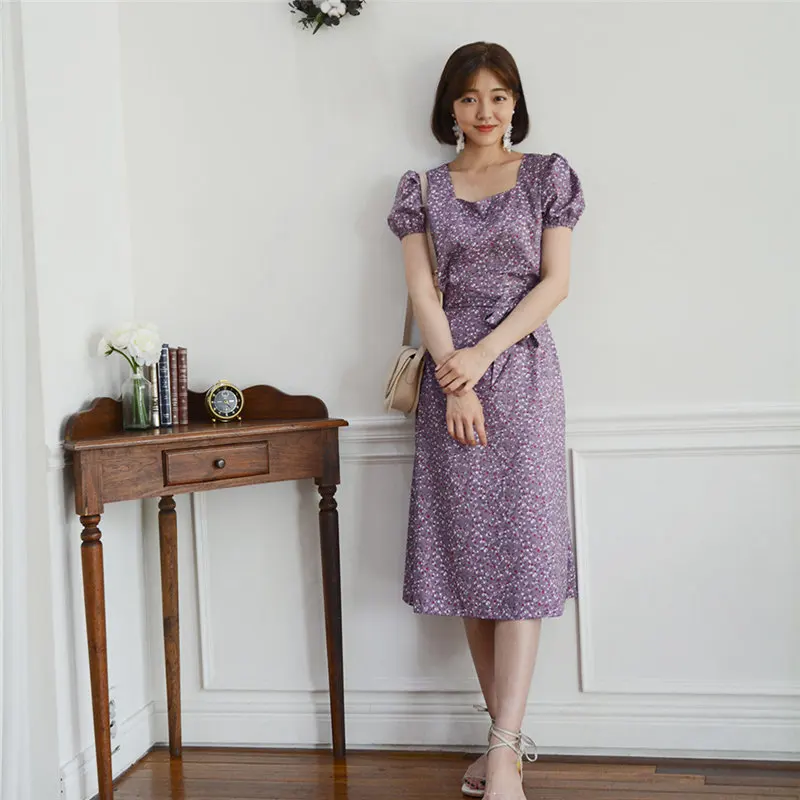 

Alien Kitty 2019 Korea Elegant Vintage Slim Sweet Print Short Sleeves Square Collar Dress Women Ruffles Long Dresses 2 Colors