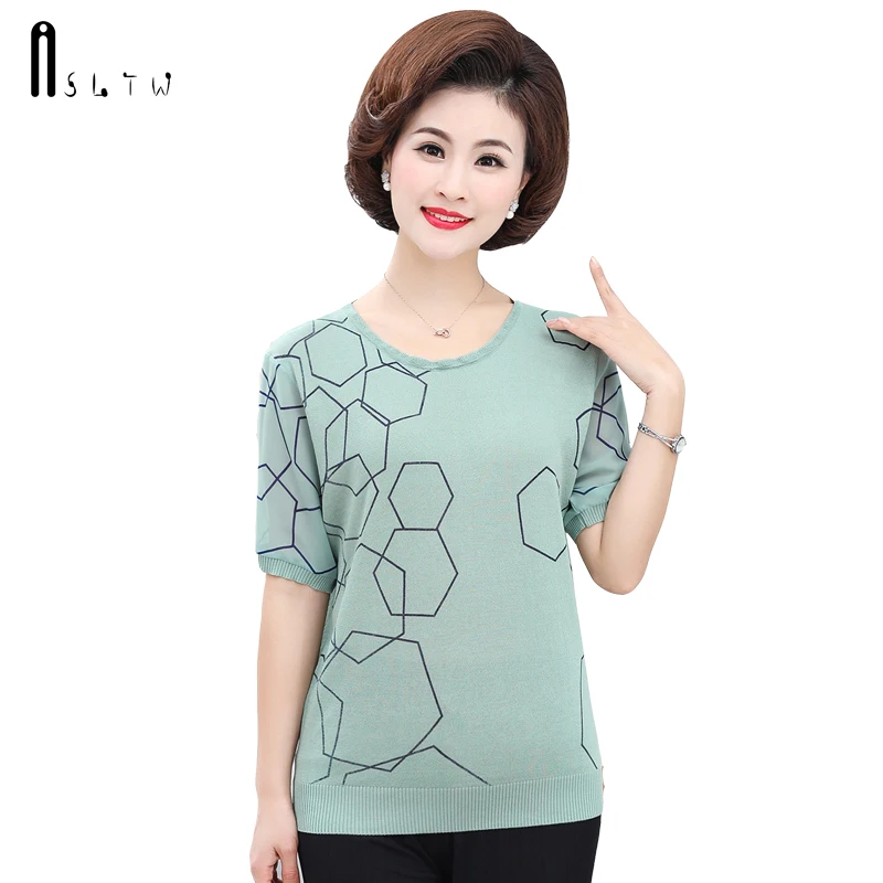 

ASLTW T Shirt Women Summer Geometric Short Sleeve Women Clothes 2019 New Tops Plus Size Thin Knitted female T-shirt