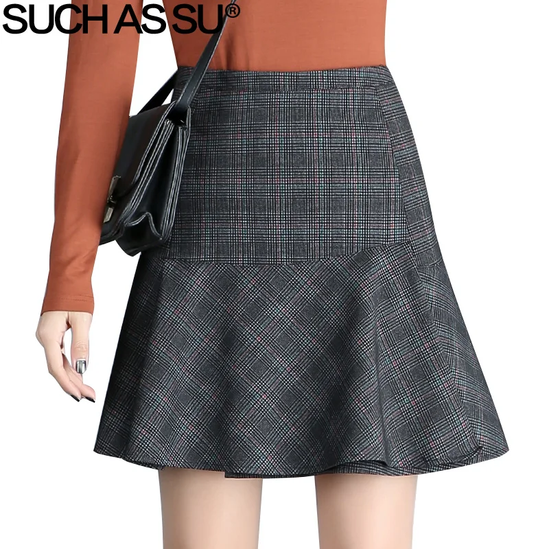 

SUCH AS SU Spring Summer New Knit Mermaid Skirt 2018 Gray Plaid Patchwork Ruffles High Waist Skirt S-3XL Office Lady Mini Skirt