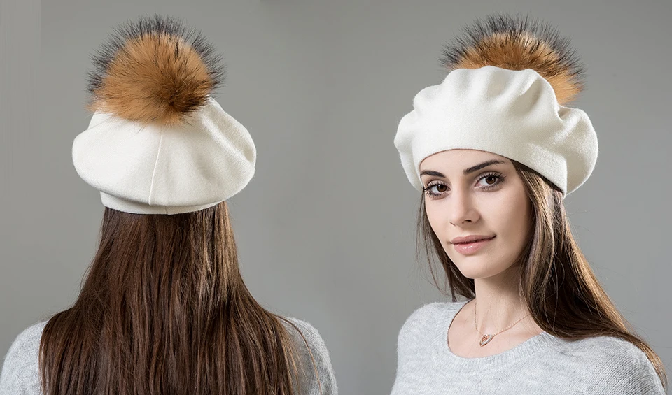 Women Beret Wool Hat Winter Knitted Wool Berets Real Fur Pompom Hats Beanies Female Top Quality Beret Cap (1)