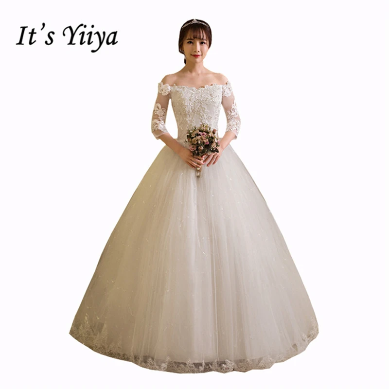 Это Yiiya Большие размеры Лодка шеи три четверти кружева-line этаж Длина свадебные платья невесты Vestidos De Novia HS258