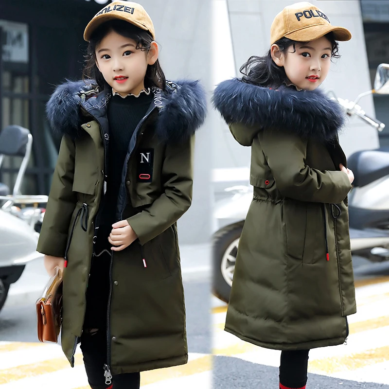 Ceny 5 16 lat dzieci dziewczyna dół kurtki zimowy gruby ciepły długi płaszcz futro szopa z kapturem dla dzieci odzież wierzchnia dwie strony mogą nosić