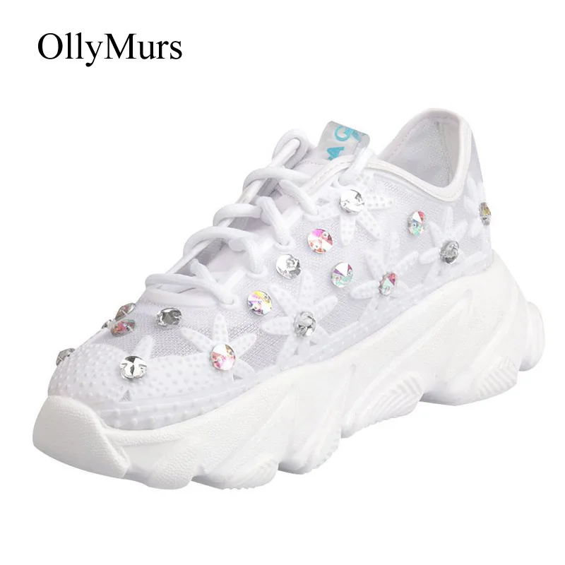 

Crystal Shoes Women Chunky Sneakers Platform zapatos de mujer Bilng Spring chaussures femme Ladies White footware Rhinestone