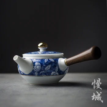 

China Jingdezhen ebony wood handle Kung Fu tea pot blue and white porcelain teapot antique ceramic handmade teaware kettle gift