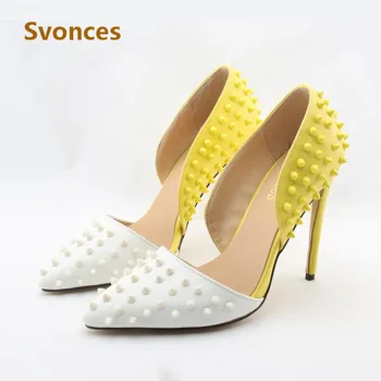 

Fashion Elegant Women High Heels Mixed Color Classic White Rivets Sandals Design New Thin Heels Pumps Brand Shoes Women Size 43