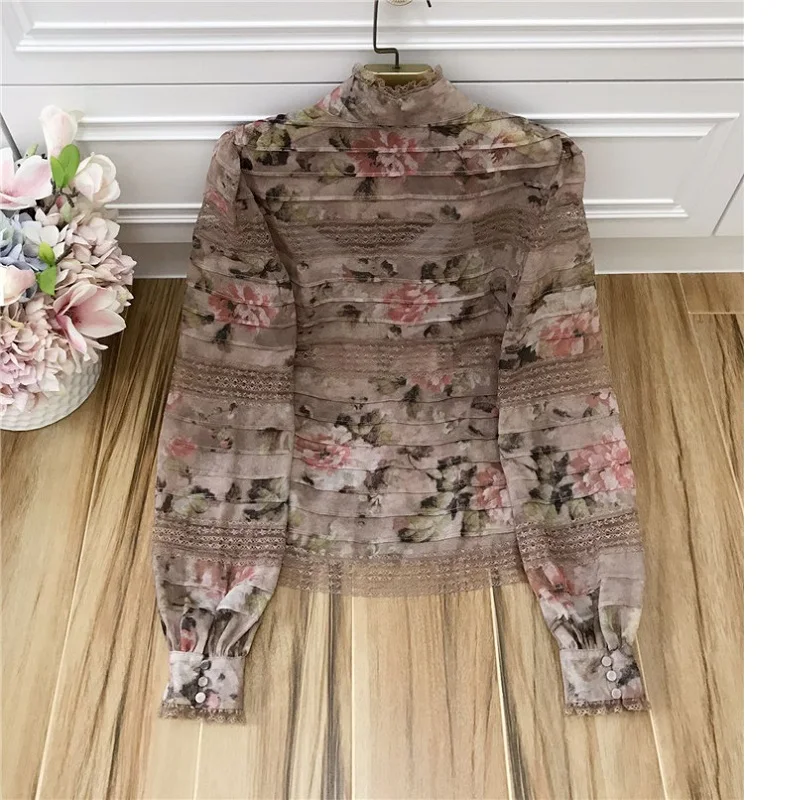Mujeres Primavera Tops Encaje Calidad Alta Marca Volantes Impresión La Con 2019 Flor Mujer Collar Moda Blusas Vintage Camisa De q8gA0xA
