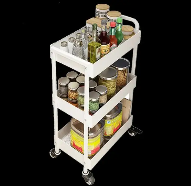  A three-story trolley is fitted with a rack of kitchen supplies and a rack of kitchen utensils. - 32850967801