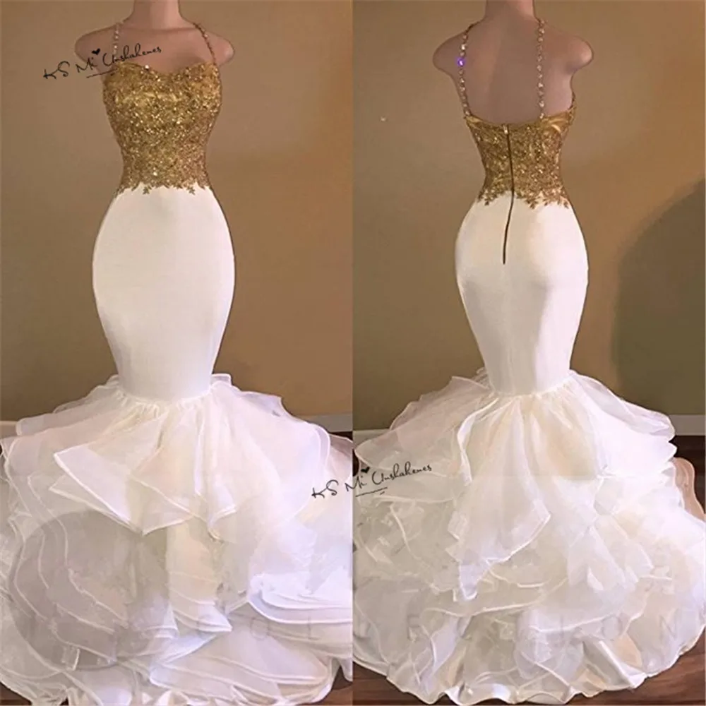 Sexy Gold Lace Evening Dresses Long Applique Ruffles Organza Mermaid Prom Dress 2017 Vestidos de Noche Robe de Soiree Courte