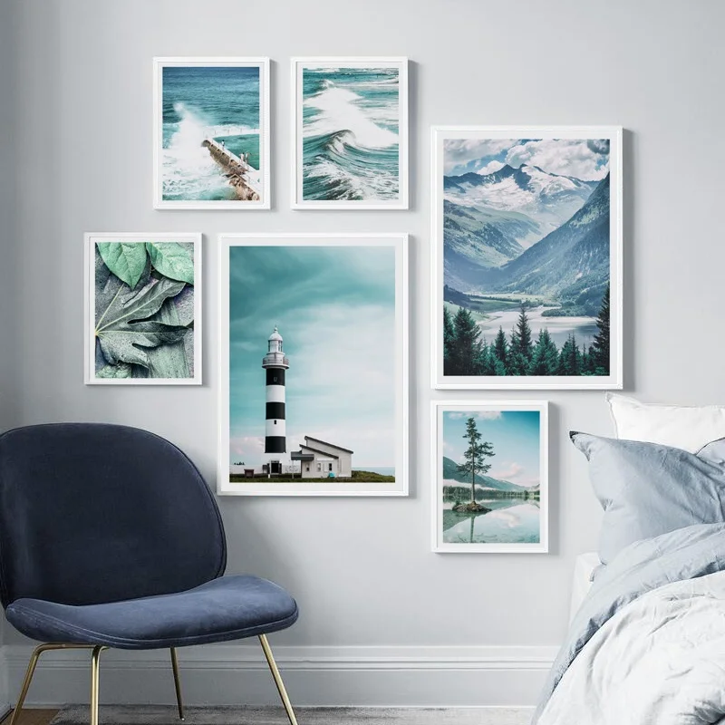 Mountain-Lighthouse-Leaves-Seascap-tree-Nordic-Posters-And-Prints-Wall-Art-Canvas-Painting-Wall-Pictures-For