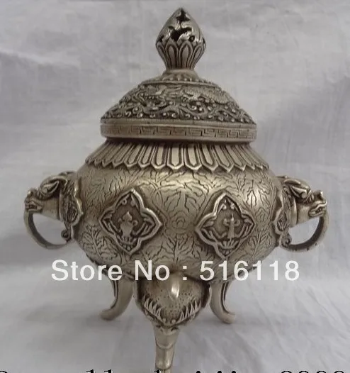 

Elegant Metals Carvings 9" China Silver 8 Auspicious Symbol Statue Tibet Dragon Incense Burner Censer
