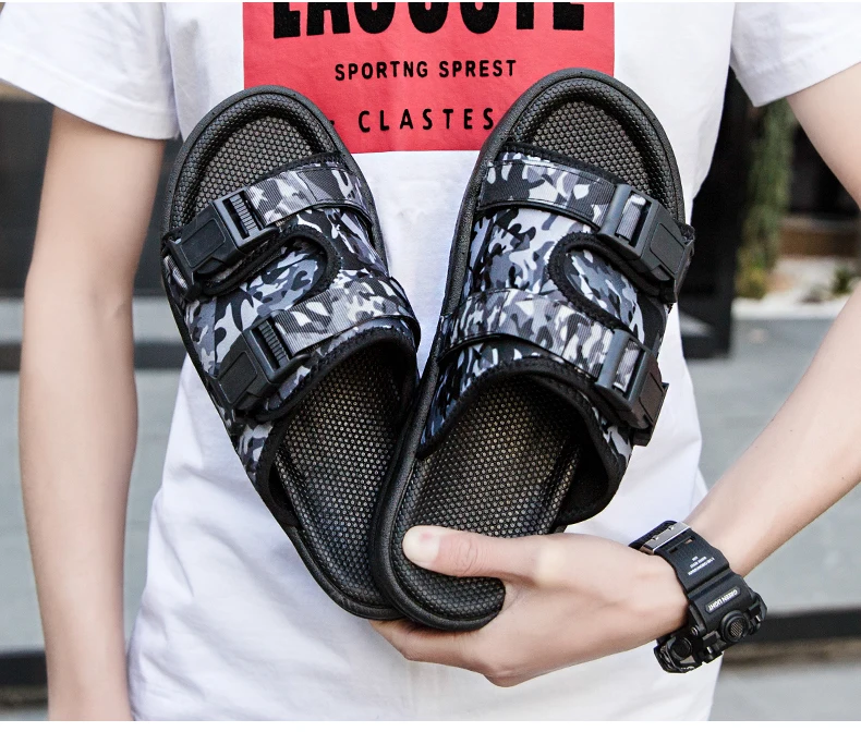Новая мужская летняя обувь повседневные вьетнамки на плоской подошве стильные мужские пляжные тапочки камуфляжные легкие мягкие Нескользящие тапочки