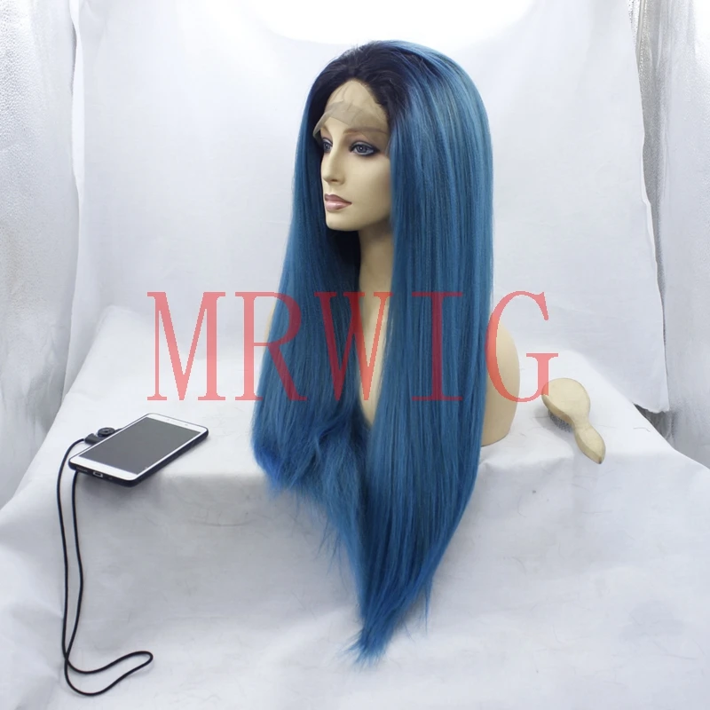 MRWIG Длинные Свет yaki прямо спереди парик 1b # ombre Смешанная синий glueless Бесплатная часть 360 г 150% швейцарский кружева 26 дюймов настоящие волосы