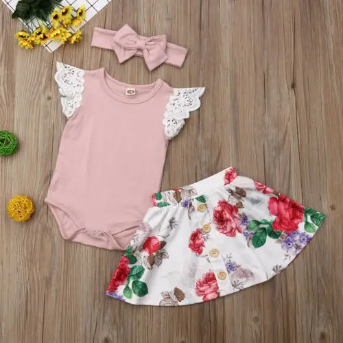 2019 Brand Newborn Baby Girl Clothes Lace Tops Romper Floral Button Skirt Headband Outfit 3Pcs Children Todderl Girls Clothing