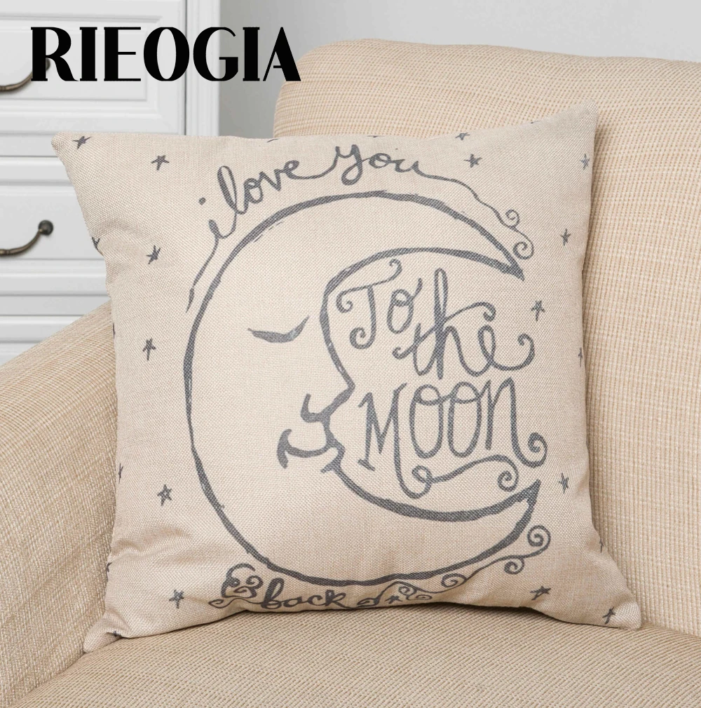 RIEOGIA 45X45cm Couple Pillow Case TO THE MOON Letter Linen Decorative