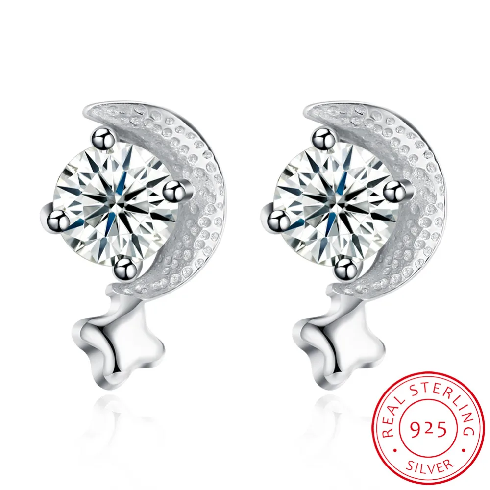 

There is silver certificate!Real Pure 925 Sterling Silver stud earrings for women Zircon moon earing jewelry femme Brincos E0060