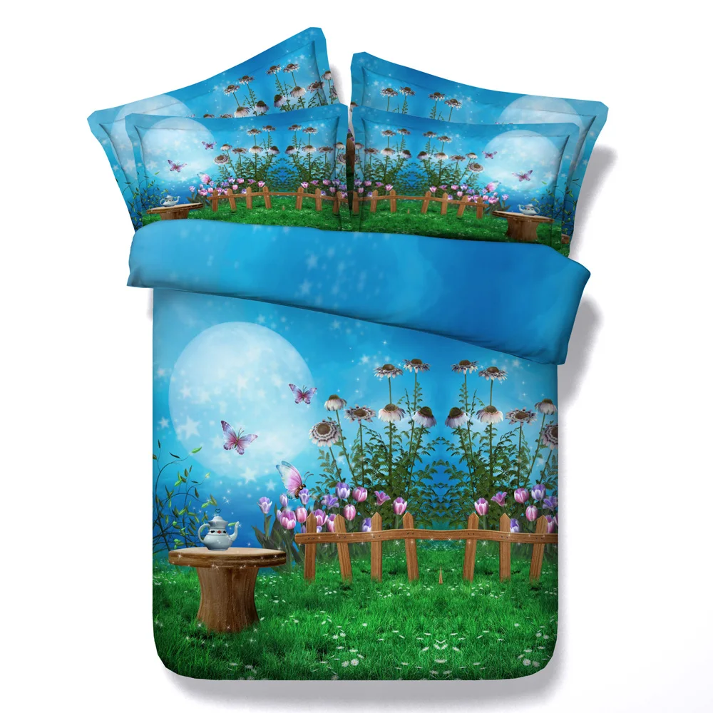 New Arrival Dreamy Fairyland Print Blue 4 Pcs Duvet Cover Set Bed Linen 100 Cotton 3d Bedding