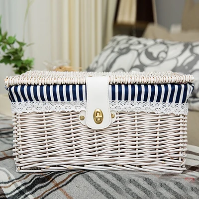 Креативная бамбуковая плетеная корзина для хранения с крышкой с замком для хранения одежды коробка для хранения игрушек Органайзер плетеный материал-66819 - Цвет: white stripe