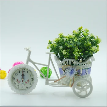

2pcs/lot PE storage rattan tricycle + clock crafts vase artificial flowers basket desk clock wedding decoration