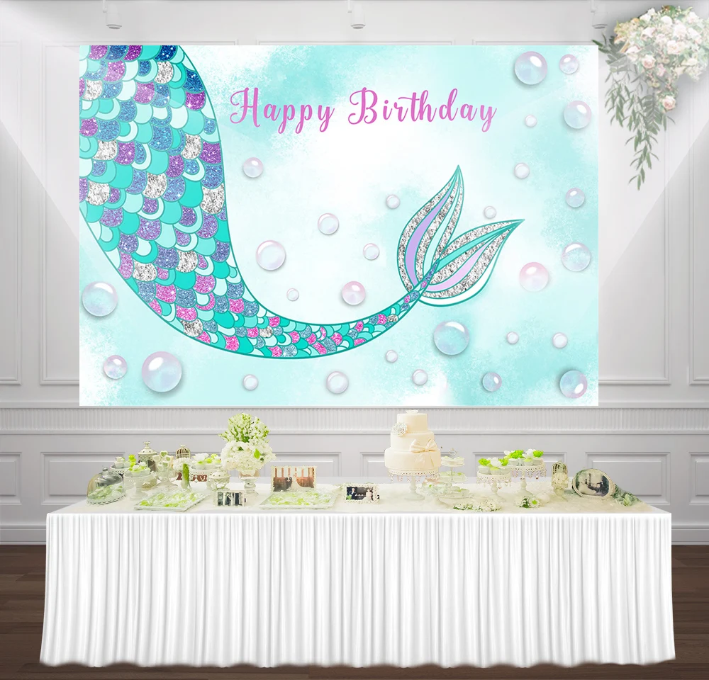 

HUAYI Turquoise blue under sea photophone background Mermaid birthday backdrop photocall baby shower dessert table decor w-1814