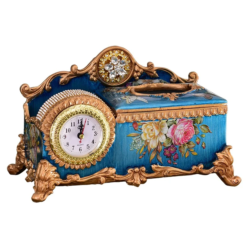European Creative Clock Tissue Box Vintage Multi-functional Napkin Box Living Room Coffee Table Remote Storage Box Decoration