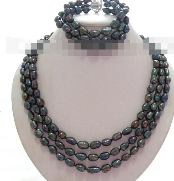 

Hot sell Noble- 12609 black baroque freshwater pearls necklace a set (A0423)