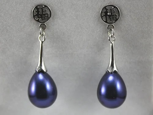 

wholesale Chinese 12*16mm dark blue waterdrop shell pearl silver plated fu lucky stud earrings fashion jewelry004