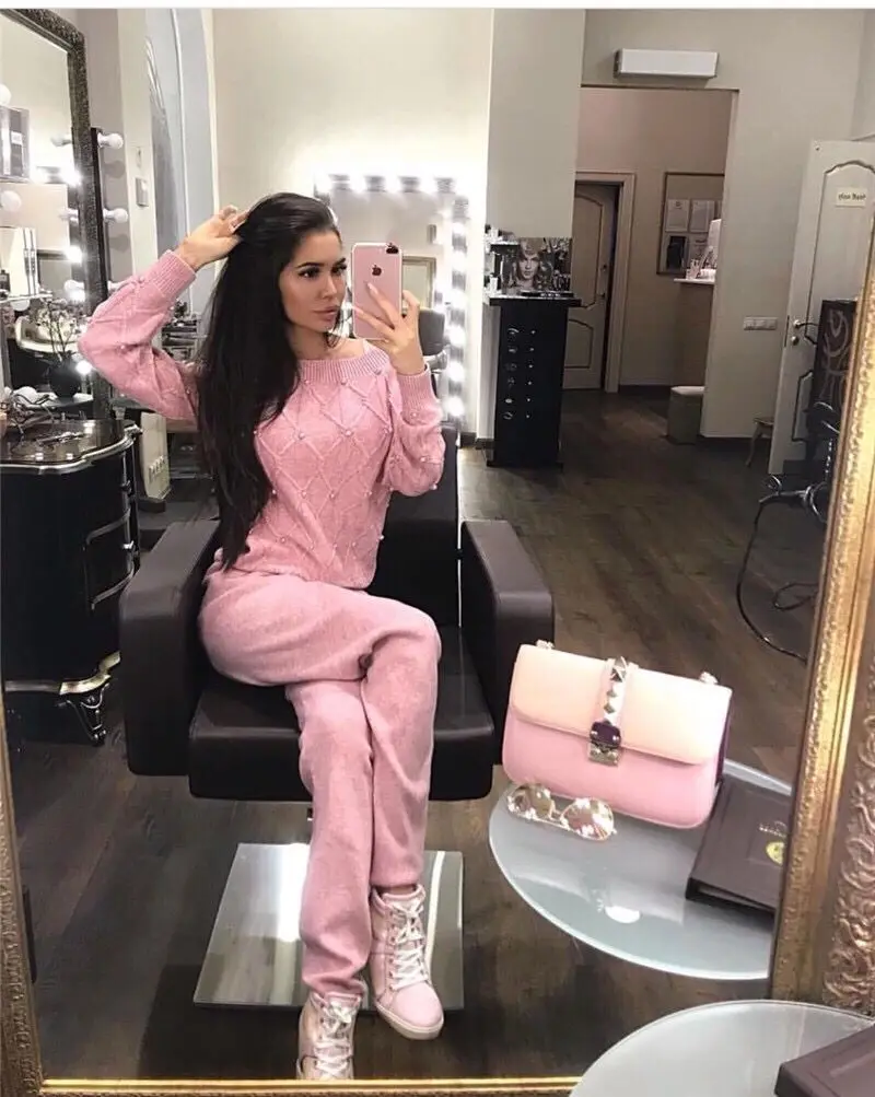 

Женский вязаный шерстяной костюм-двойка, свитер ручной работы с бусинами на плече и брюки из кашемира, 2021