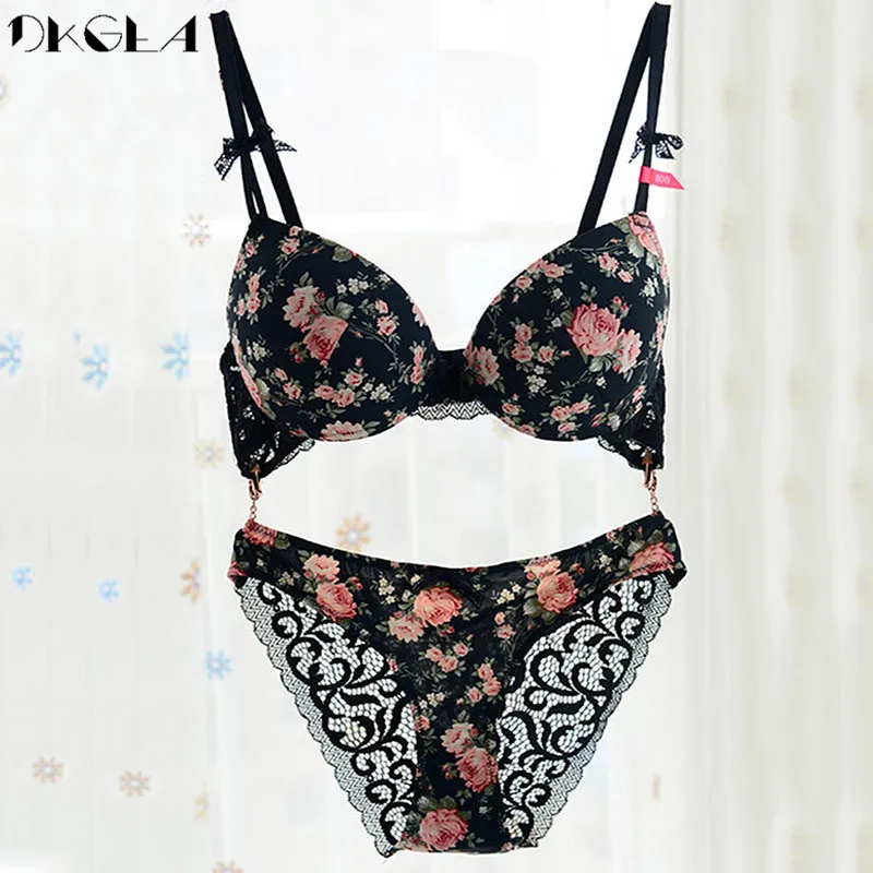 Beste Klassieke Zwarte Ondergoed Set Sexy Bh Printing Mode Push Up Bh Slipje Sets Dikke Katoenen Brasserie Kant Vrouwen Lingerie Set