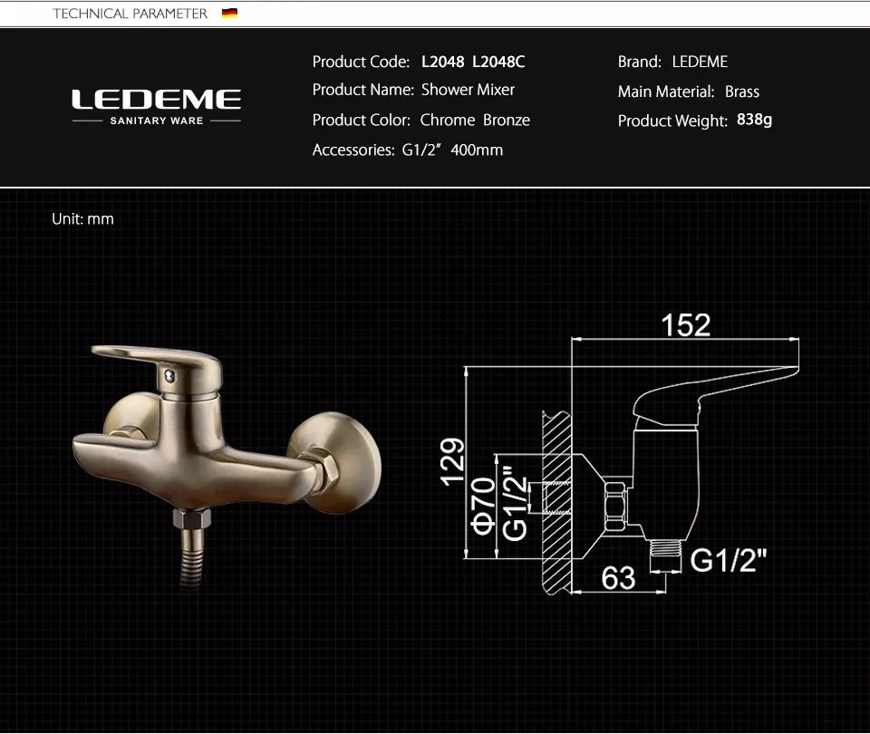 LEDEME Смеситель для душ. кабины латунь Цвет: бронзовый L2048C