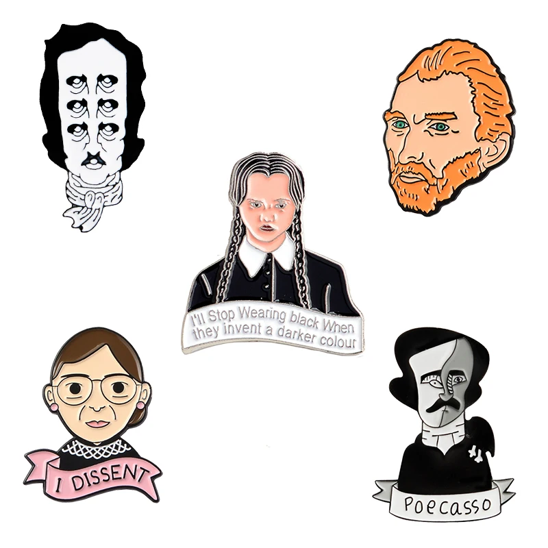 

Famous Figure Enamel Pin Painter Edgar Allan Poe Wednesday Addams Ruth Bader Ginsburg Brooch Clothes Lapel pin Cartoon Jewelry