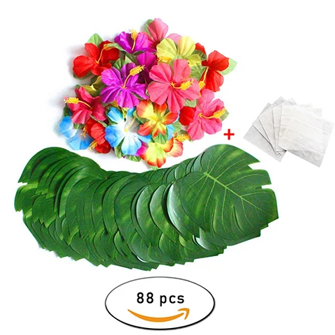 60/64/88 шт листья тропической пальмы цветы гибискуса искусственные листья для Гавайскую вечерние джунгли пляж тема украшения стола - Цвет: 88pcs