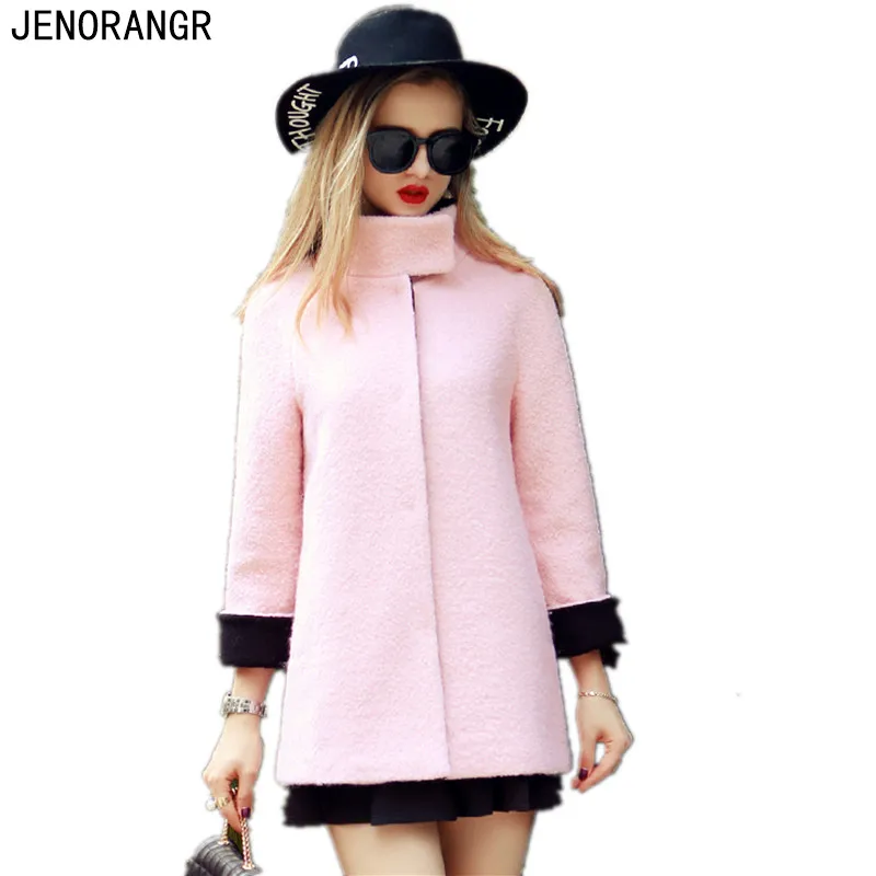 JENORANGE 2016 Winter Fashion Women Coat Pink Long Woolen Coat Women