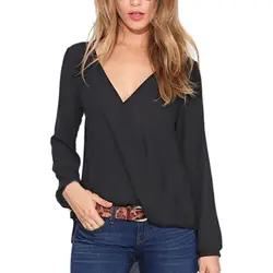 S-2XL Свободные длинным рукавом глубоким v-образным вырезом Шифоновая блузка больших Размеры Для женщин рубашки Цвет блузка Для женщин