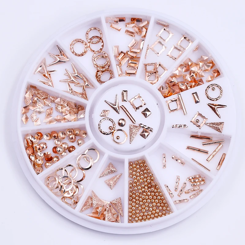

Rose Gold Rivet Nail Studs 3D Nail Art Decorations in Wheel Circle Round Square Beads DIY Phone Decoration UV Gel