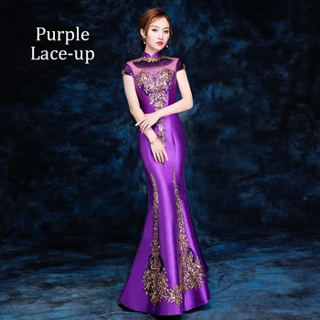

Purple Embroidery Sequins Cheongsam Women Satin Qipao Lace Perspective Sexy Stage Show Clothing Long Sexy Evening Party Gown