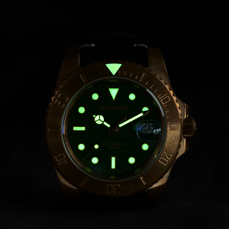 Мужские Винтажные бронзовые часы Cusn8 автоматические часы для дайвинга 200 водонепроницаемые бронзовые ободки Ретро Сан Мартин механические наручные часы