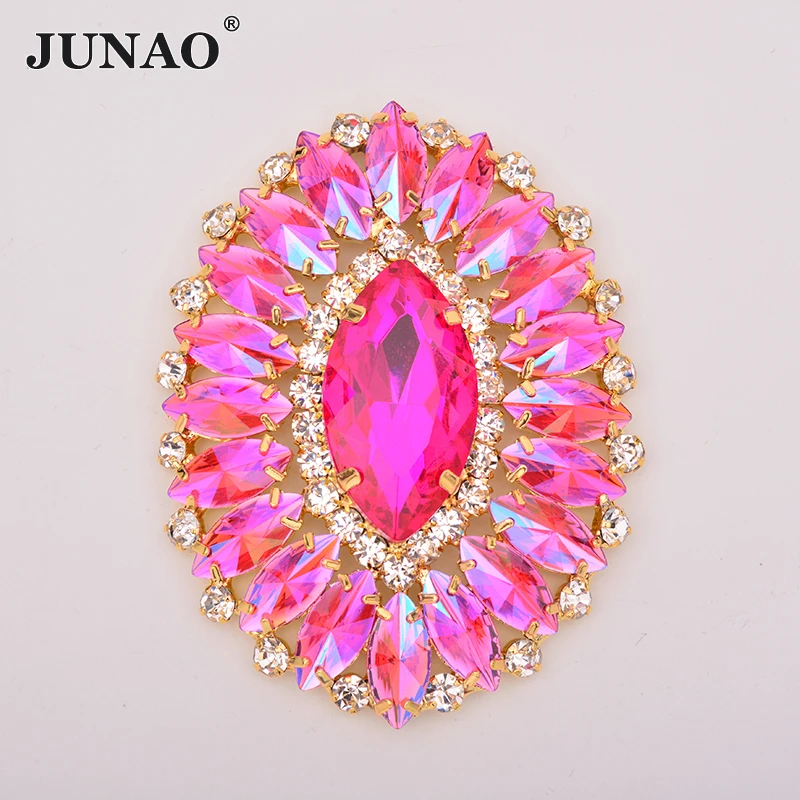 

JUNAO 54x70mm Sewing Rose AB Crystal Gold Claw Rhinestones Glass Diamond Clothes Applique Big Flower Strass for Dress Crafts
