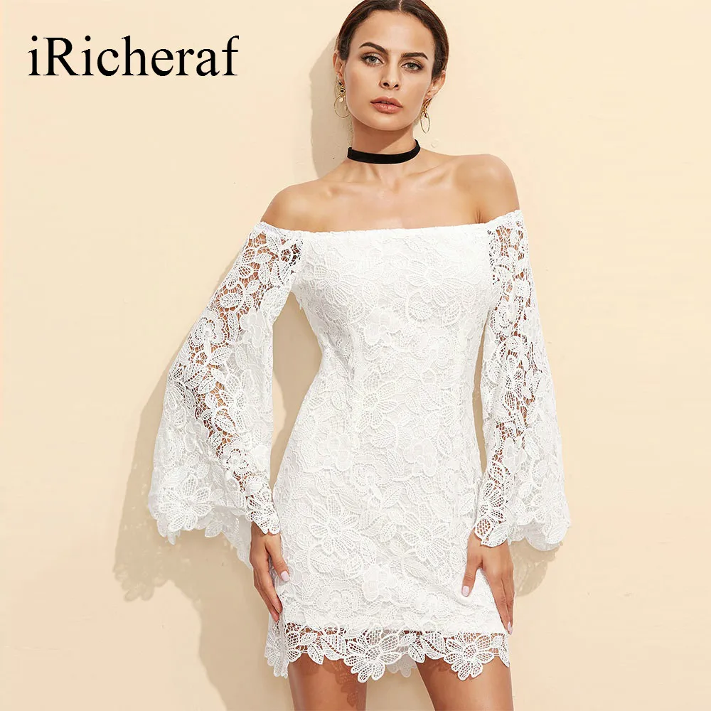 White Party Dresses Long Sleeves Lace Slash Neck Off Shoulder Mini Autumn Slim Flare Sleeve Vestido Feminino Hot Sale | Женская одежда