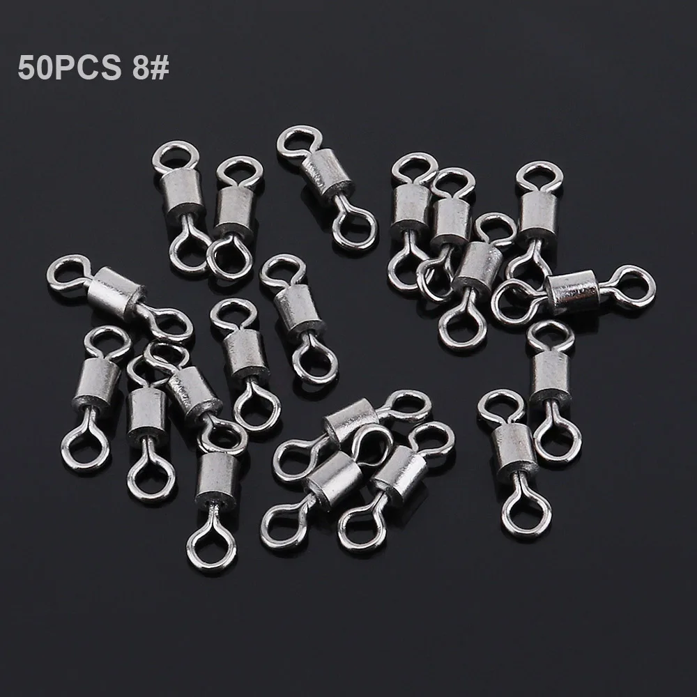 

50pcs/lot Mini 8# High Tensile 8 Shape Barrel Ball Bearing Fishing Swivel Snap Hook Connector Solid Ring With Interlock