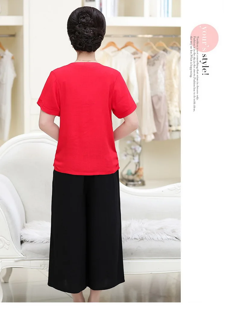 Nifullan 2 шт./компл. летнее платье размера плюс женская одежда с цветочной вышивкой с коротким рукавом для мамы, футболки+ с эластичной резинкой на талии, брюки с широкими штанинами