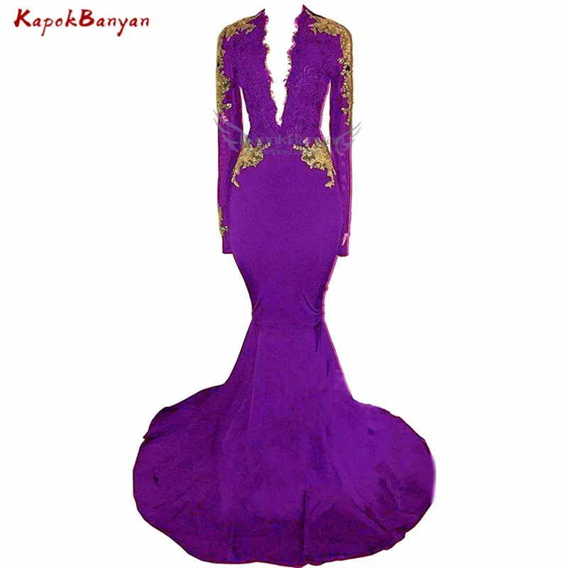 Золотое платье для выпускного вечера с аппликацией в виде русалки для девочек, Черное вечернее платье с длинными рукавами на молнии, расшитое бисером, сексуальное платье для выпускного вечера, длинное платье es - Цвет: Purple