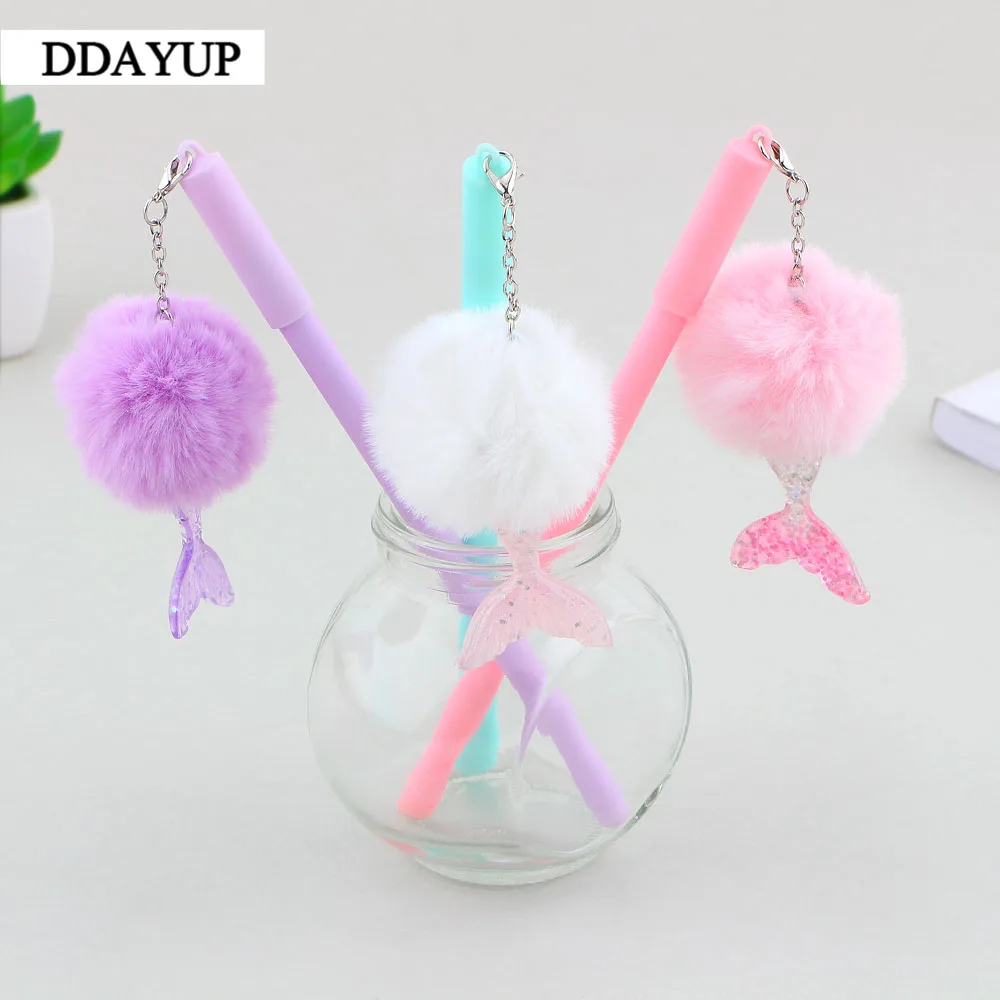 1Pcs Kawaii Cute Mermaid Tail Plush Warm Ball Pendant Black Colored Gel Pens For Writing Stationery Office School Supplies