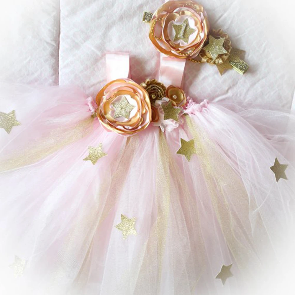 

Pink Gold Flower Girl Twinkle Star Ankle Length Dress for Girls 1st Birthday Party Dress Baby Kids Mesh Tutu Solid Dress Clothes