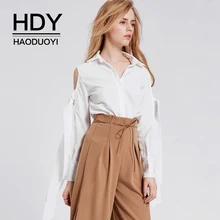 HDY Haoduoyi Brand Women White Casual Shirts Cold Shoulder Lace Up Hollow Out OL Lady Elegant Soft Blouses Sweet Tops Lady pink hollow design cold shoulder long sleeves blouses