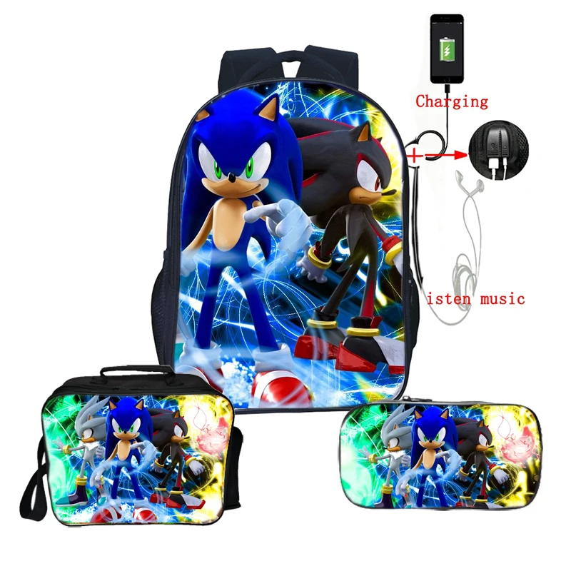 Sonic зубная щётка Рюкзак Детские рюкзаки для мальчиков и девочек детский подарок-сюрприз школьные ранцы 3 шт./компл. рюкзак+ lunchBag+ пенал