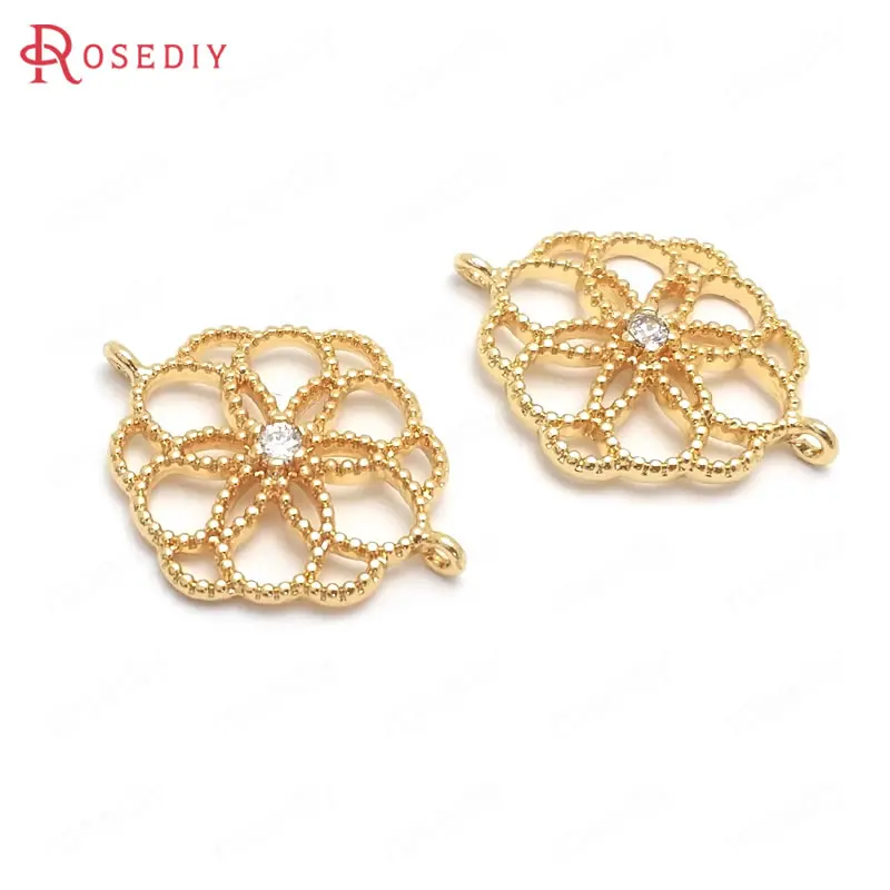 

(36008)6PCS 18x14MM 24K Gold Color Brass and Zircon 2 Holes Flower Connect Charms Pendants High Quality Diy Jewelry Accessories