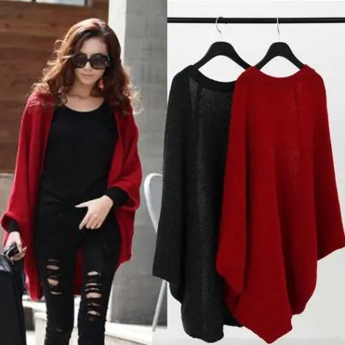 New Women Oversized Loose Knitted Sweater Batwing Sleeve Tops Cardigan Outwear Black Gray Red